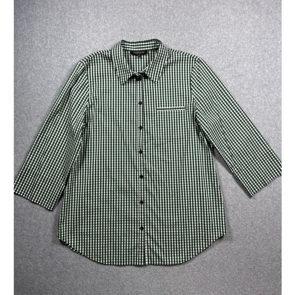 Lafayette 148 New York Button Up Shirt Women Medium Green Checked Long Sleeves - Picture 1 of 6